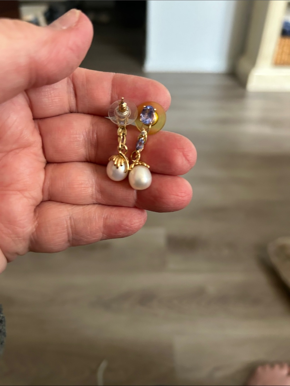 14kt gold drop earrings with amethyst and pearls. 2” long